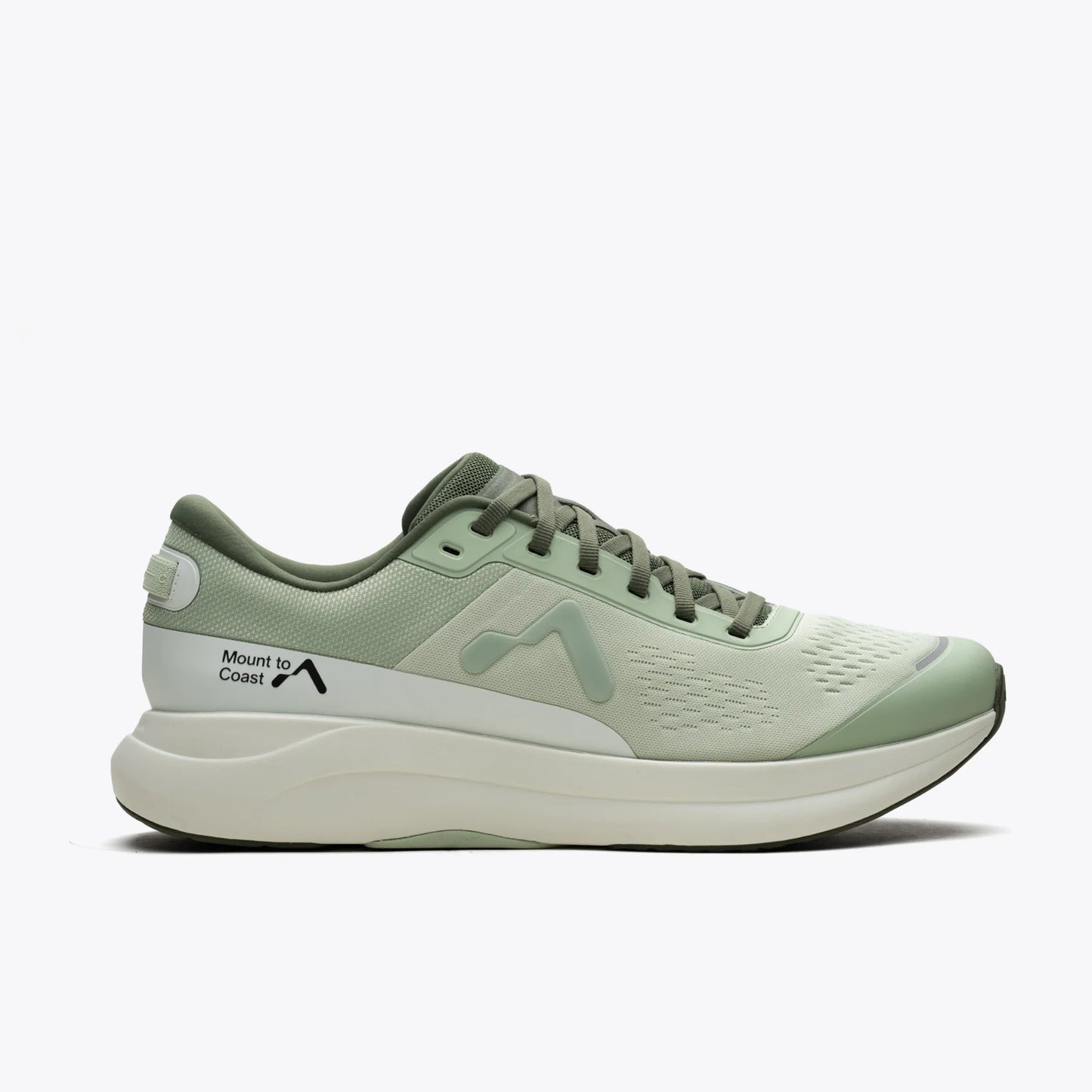 Mount to Coast P1 Agave running shoe: Green and off-white color, 3D Archrail technology for stability.