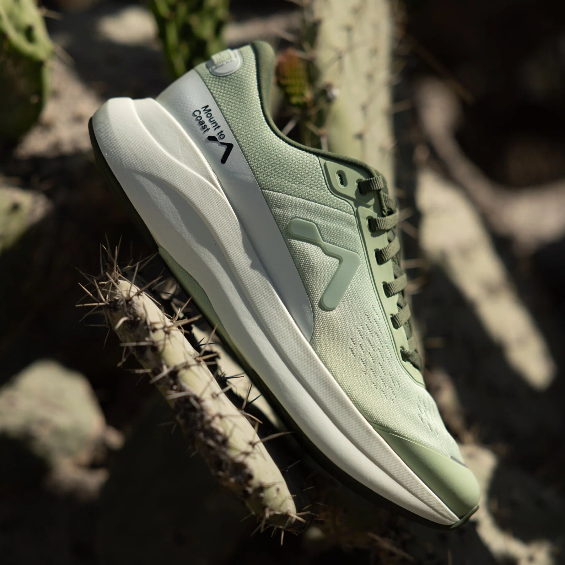 Mount to Coast P1 Agave running shoe, green and off-white. Features 3D Archrail technology for stability.