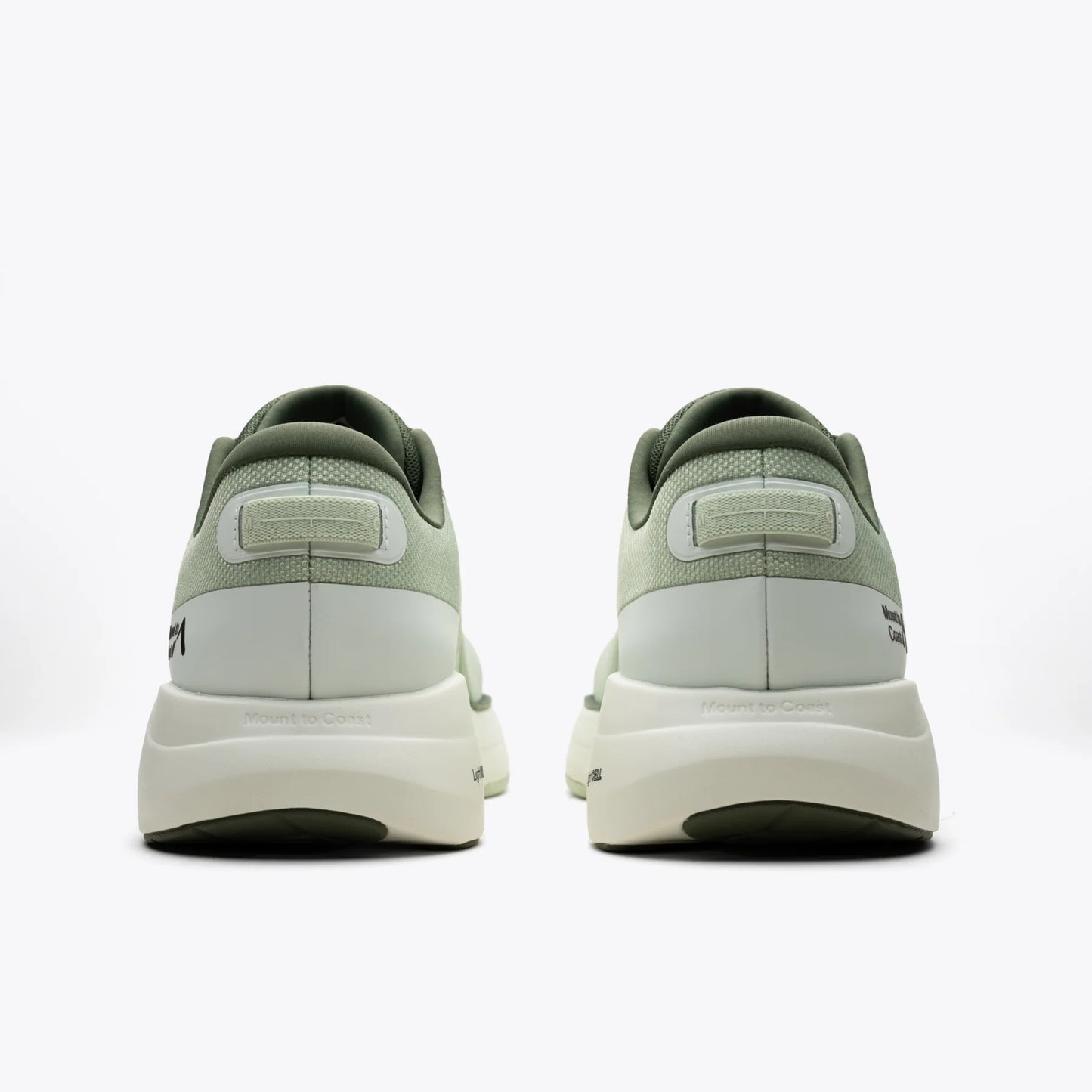 P1 Agave stability running shoe, rear view in light green with Mount to Coast branding.
