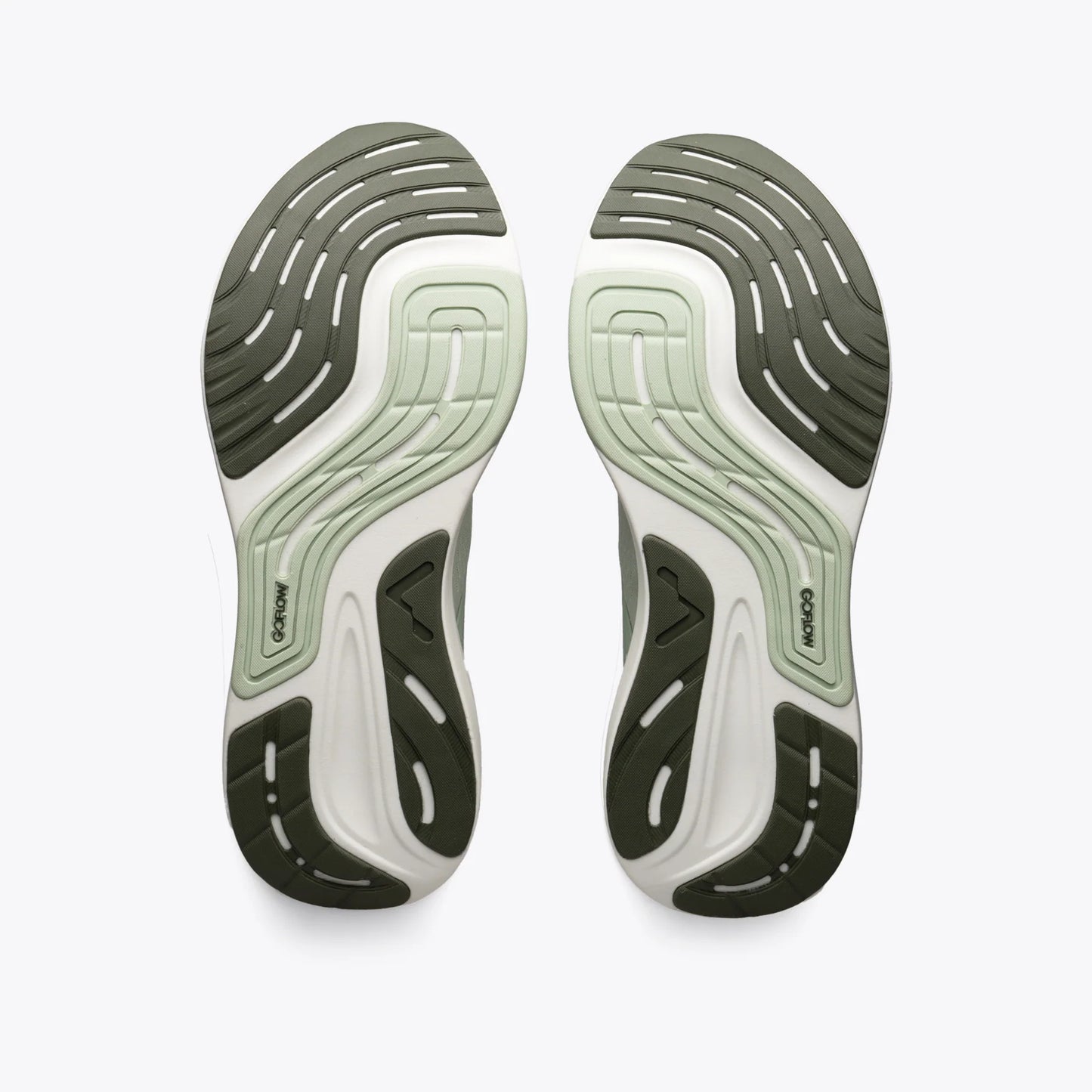 P1 Agave running shoe sole with GoFlow text, green and off-white design for stability