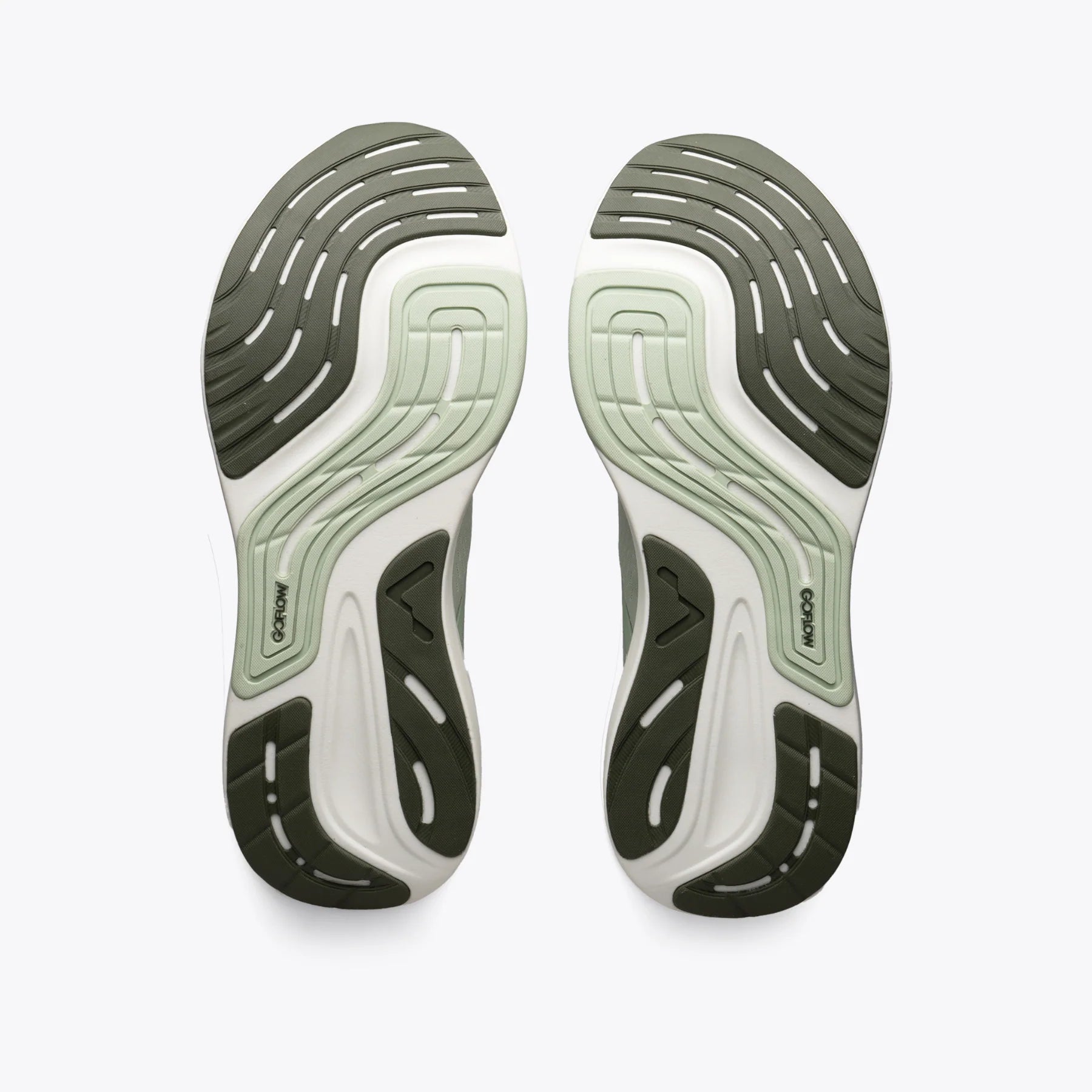 P1 Agave running shoe sole with GoFlow text, green and off-white design for stability