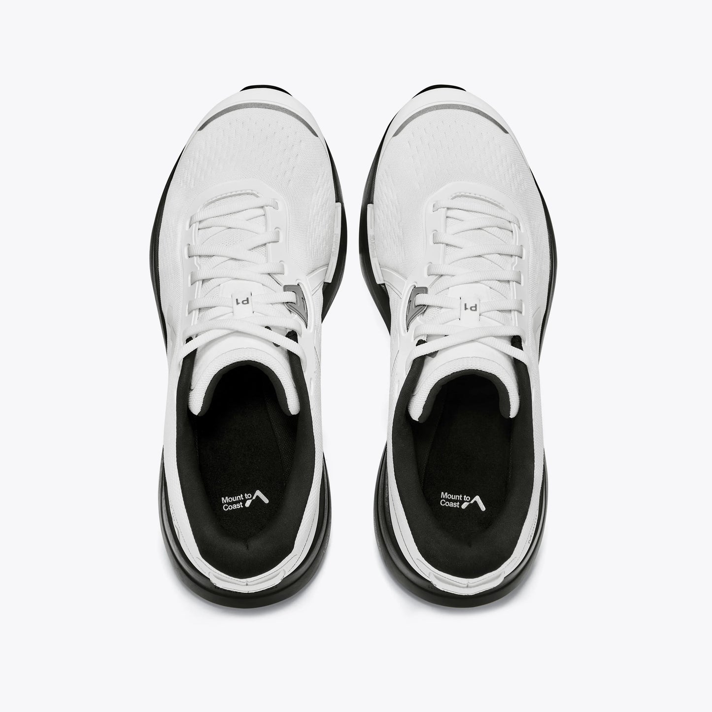 Mount to Coast P1 stability running shoe, white and black, with 3D Archrail technology, top-down view. #Color_white|black