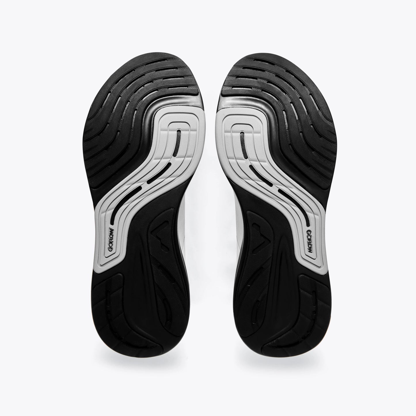 P1 running shoe sole. Black and white design with 3D Archrail tech for forefoot stability. GOFLOW logo. #Color_white|black