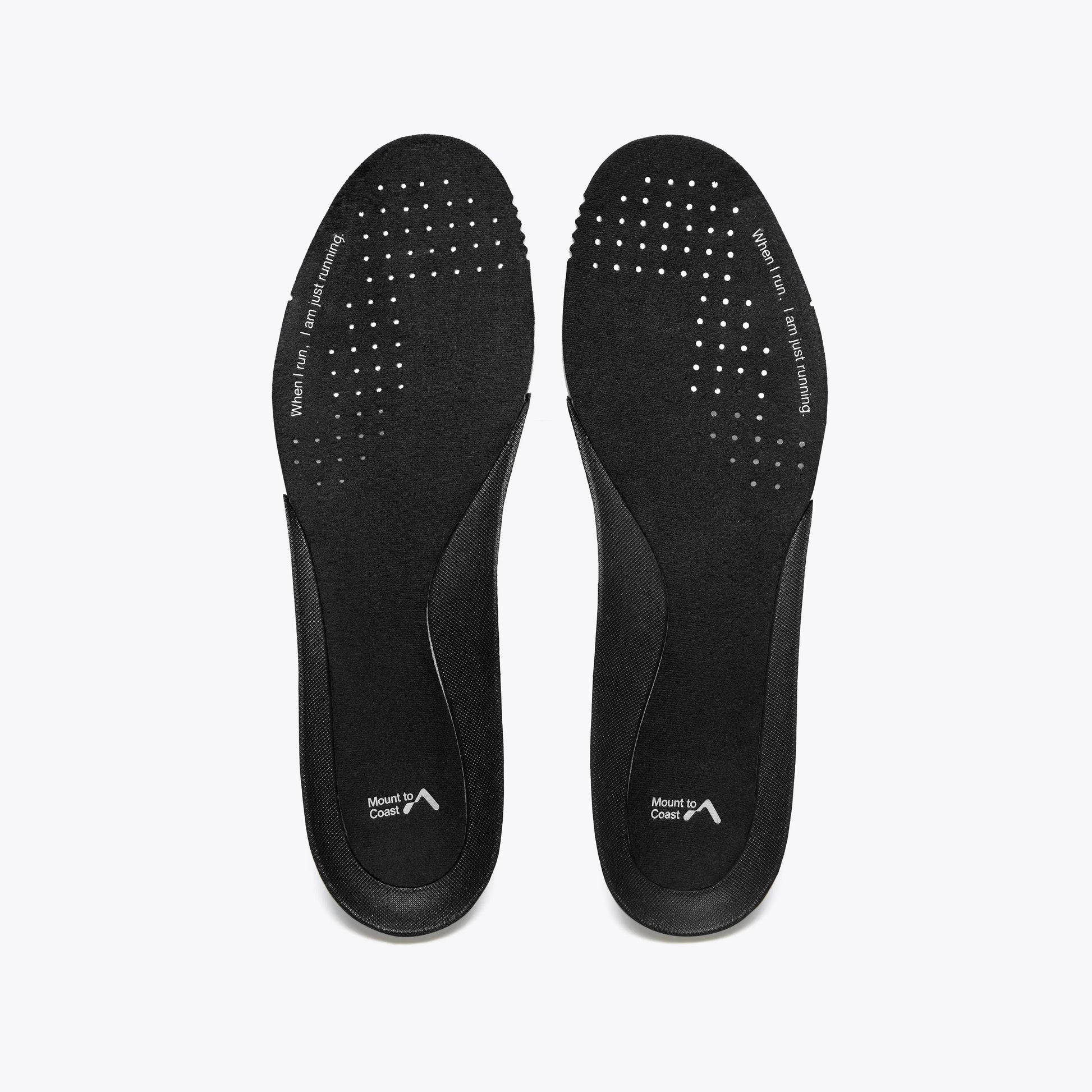 Mount to Coast P1 running shoe insoles, black with text and ventilation holes, designed for road running. #Color_white|black