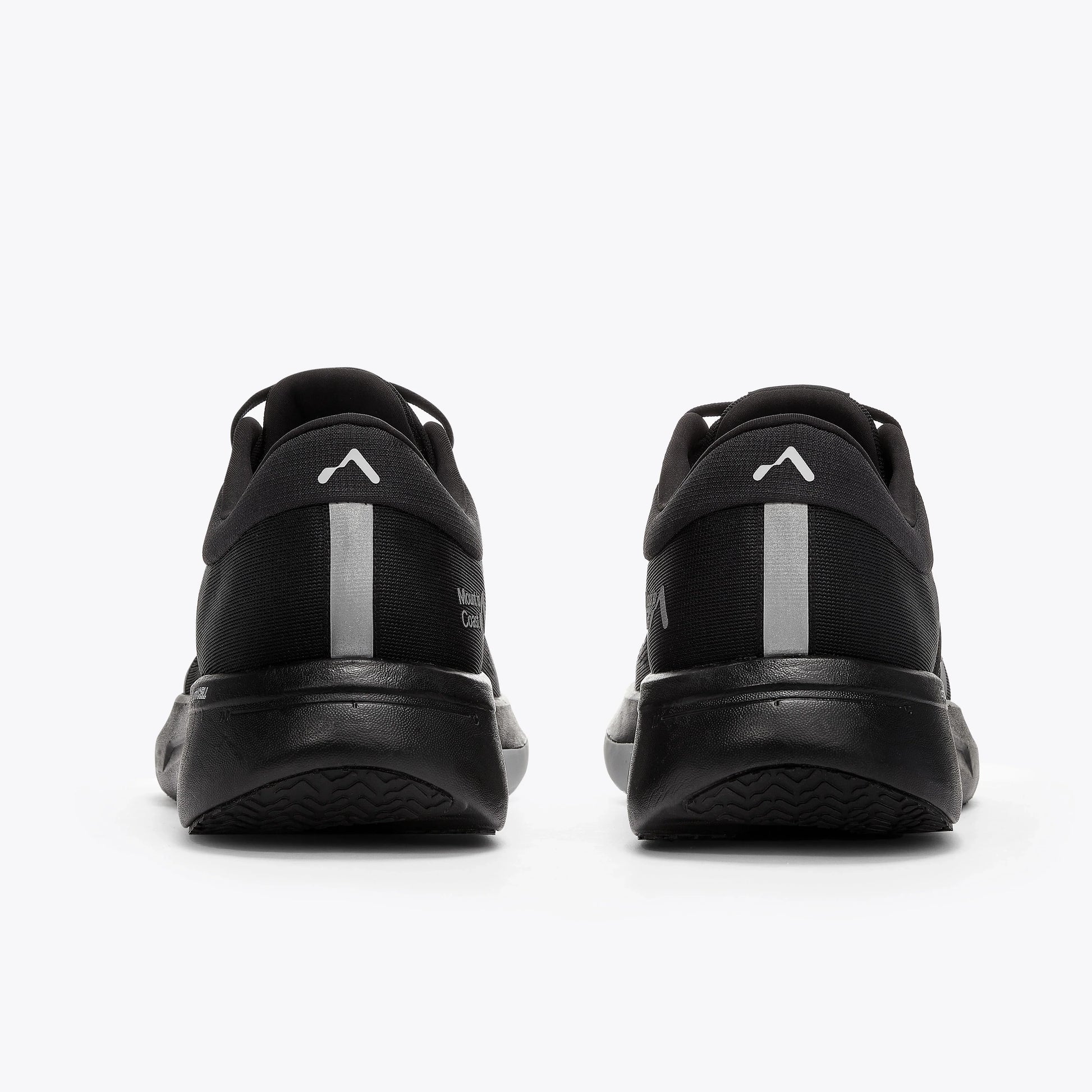 Mount to Coast R1 road running shoes in black. Reflective strip and logo detail for running. #Color_black