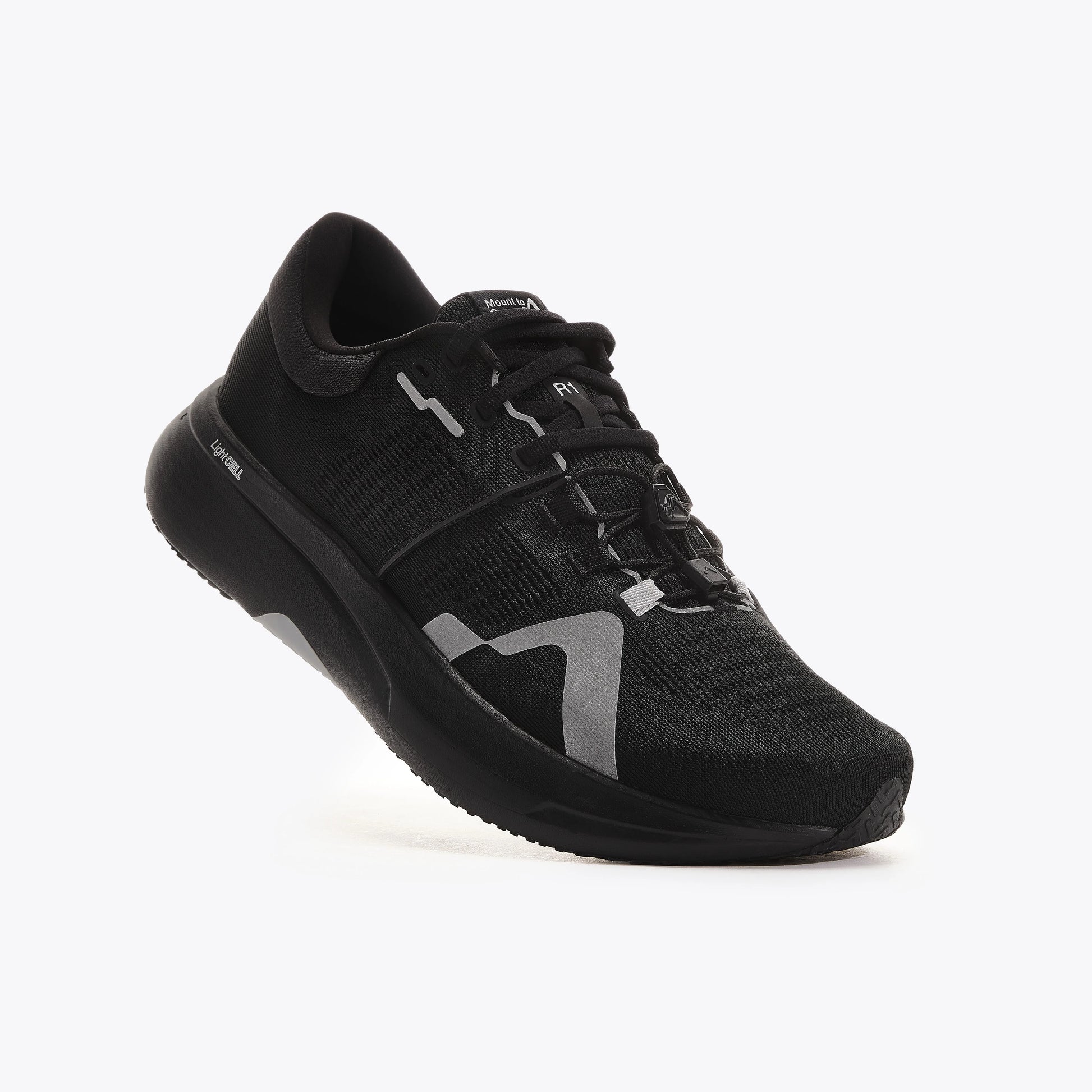 Black Mount to Coast R1 road running shoe with LightCELL tech, designed for multi-day ultramarathons. #Color_black