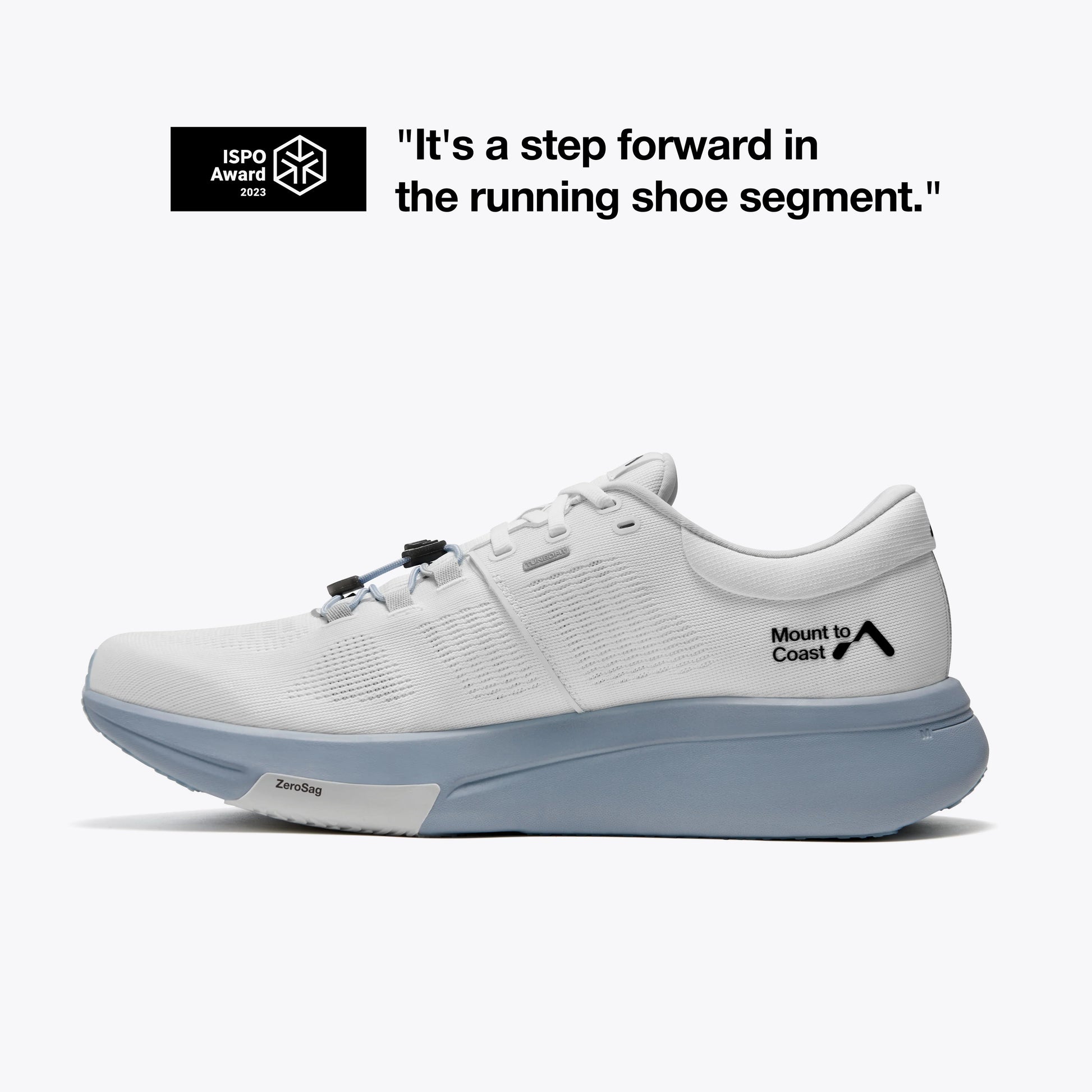 Mount to Coast R1 road running shoe, white and blue, ZeroSag, ISPO Award 2023. #Color_twilight
