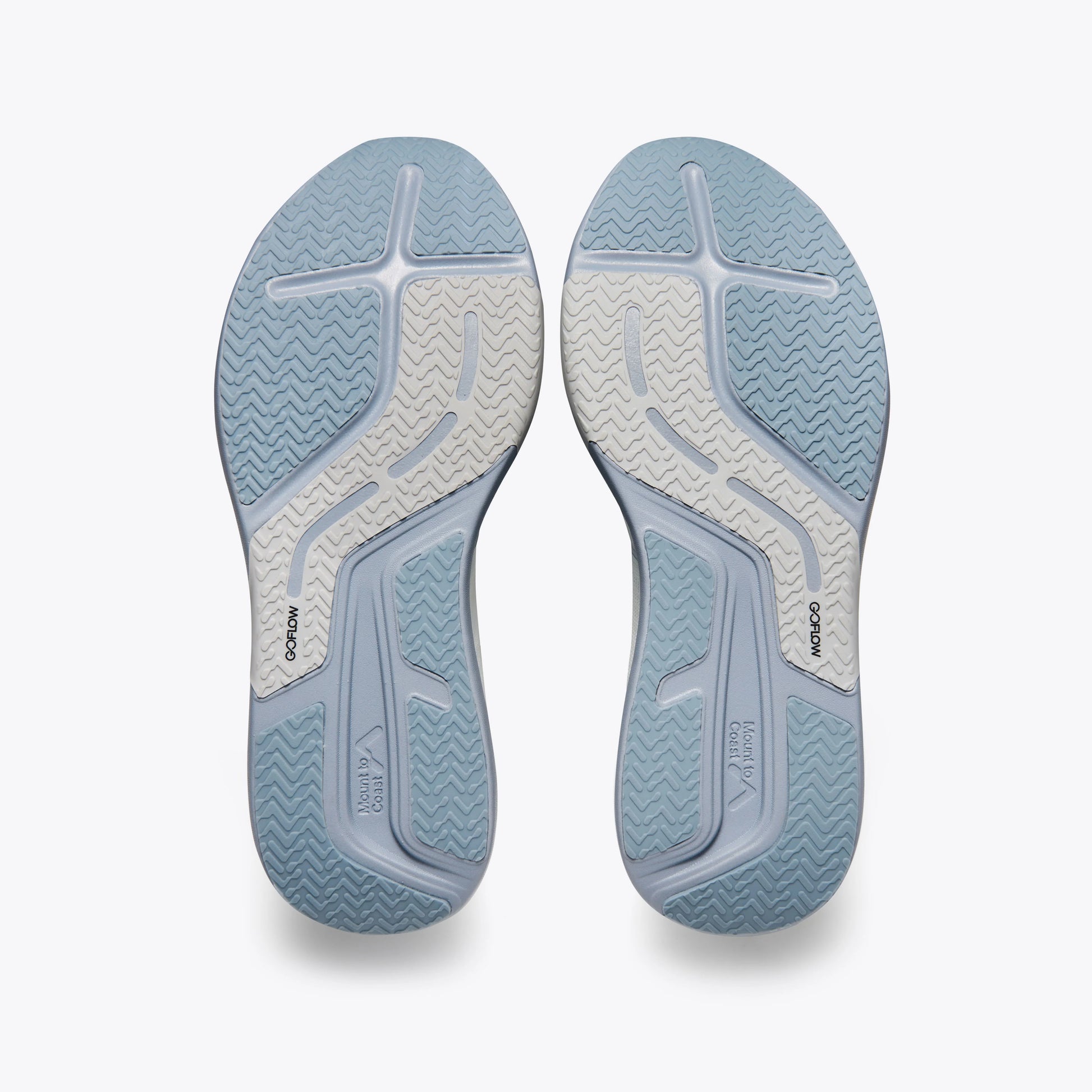 Mount to Coast R1 road running shoe sole featuring GOFLOW technology in blue and white. #Color_twilight
