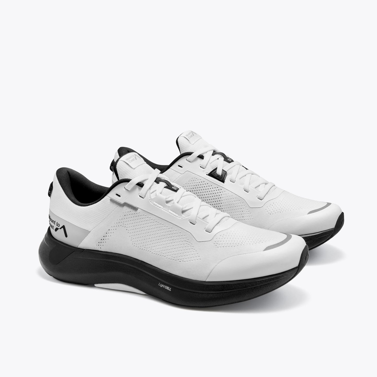 S1 running shoes in white and black. Engineered for performance, featuring light cell cushioning. #Color_white|black
