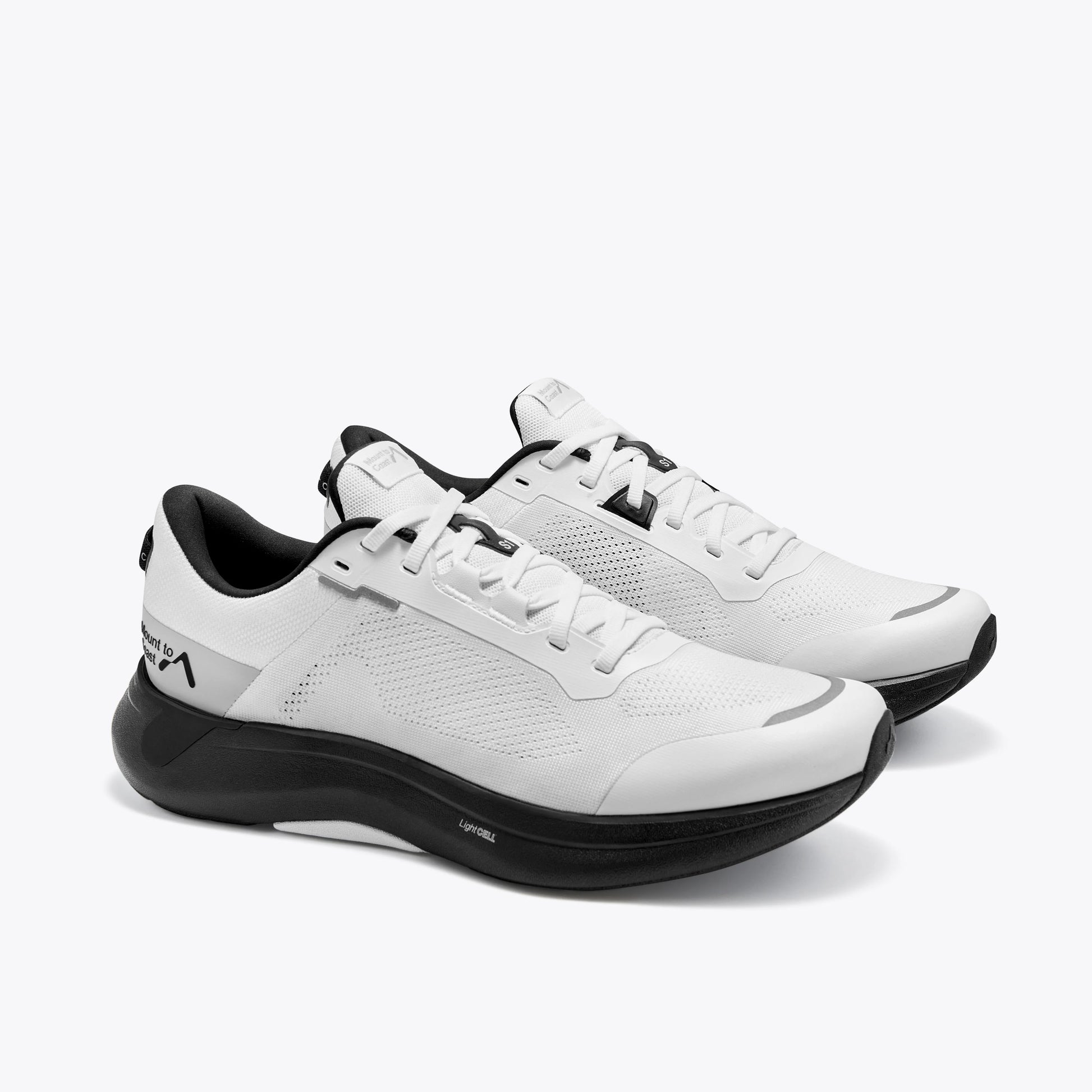 S1 running shoes in white and black. Engineered for performance, featuring light cell cushioning. #Color_white|black