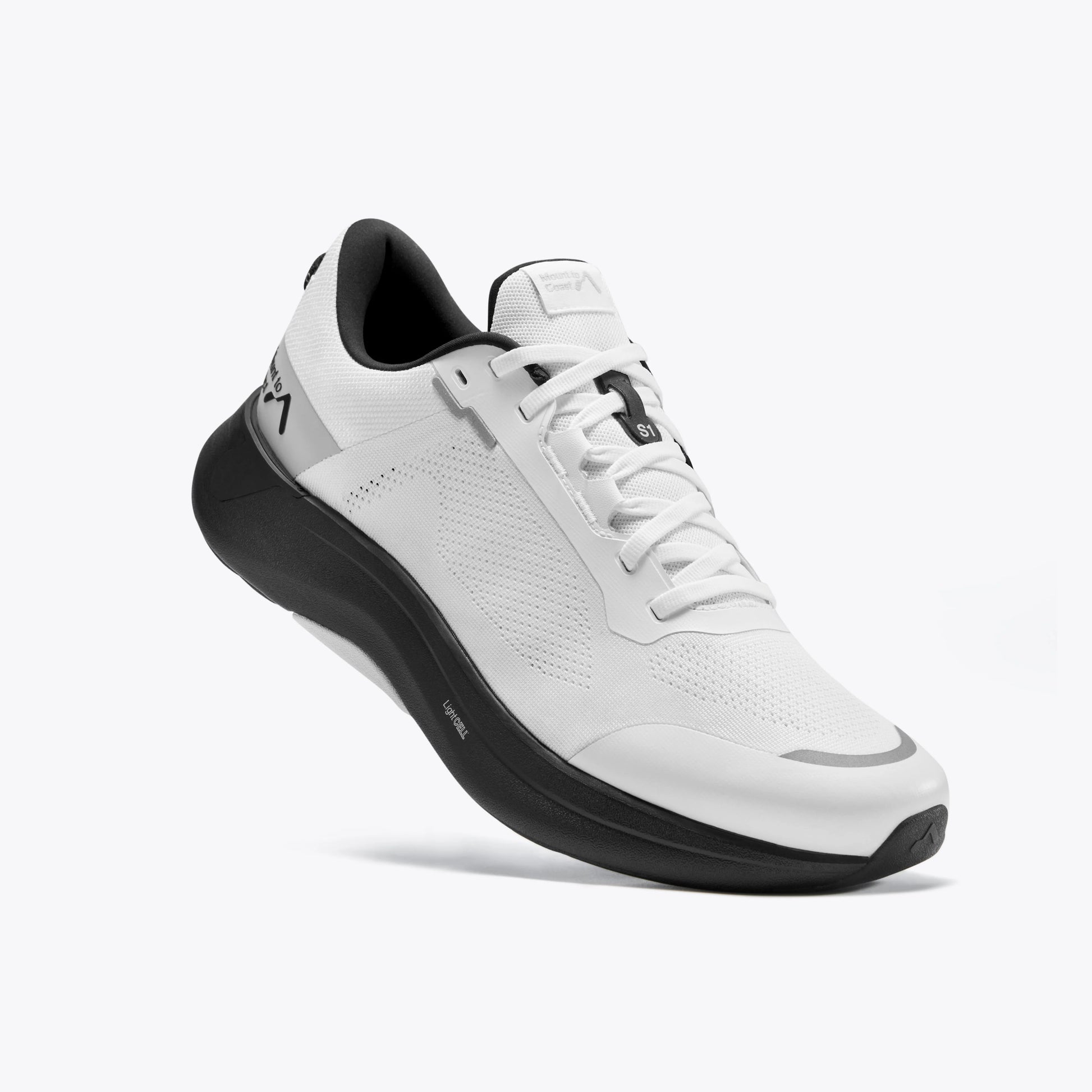 S1 white running shoe with black sole. Features Light CELL technology for road and trail. #Color_white|black